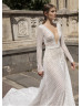 Long Sleeves Lace Keyhole Back Beaded Wedding Dress